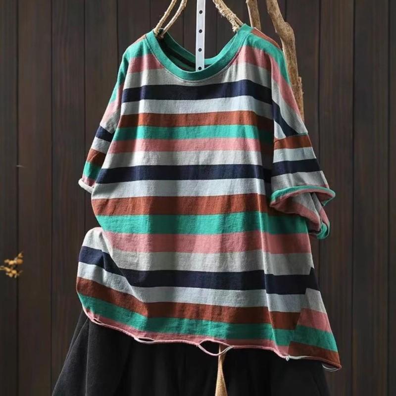 Johnature Women Vintage Striped T-Shirts O-Neck Short Sleeve Summer Casual Loose Hole Female T-Shirts
