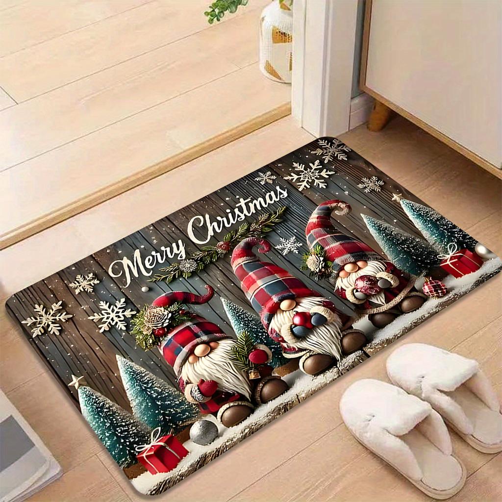 Flannel Doormat with 3 Christmas Gnomes Print, Polyester Non-Slip Indoor Outdoor Rug for Entryway, Kitchen, Hallway Floor Mat