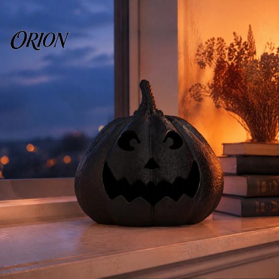 Gothic Home Decoration Halloween Pumpkin Figurine, Black Resin Spooky Face Sculpture, Matte Statue Tabletop Centerpiece for Table Mantel Fireplace