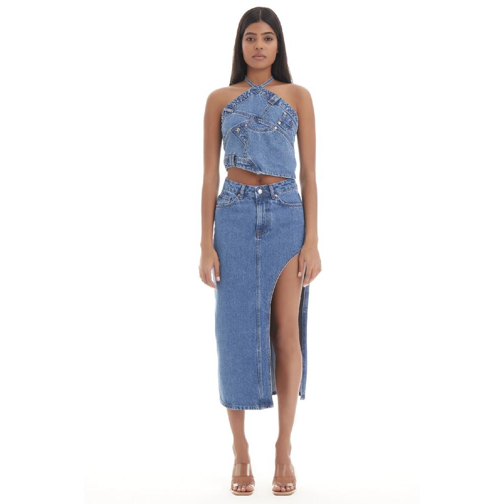 Women's Blue Denim Color Long Denim Skirt With Deep Slit Detail On The Side