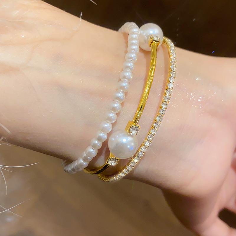 Vintage Multi-Layer Pearl & Diamond Bangle Bracelet for Women - High-End Court Style Jewelry with Light Luxury Appeal