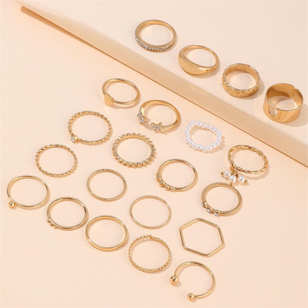 21-teiliges High-End Damenring-Set: Strass Schmetterling & Perle Knöchelringe