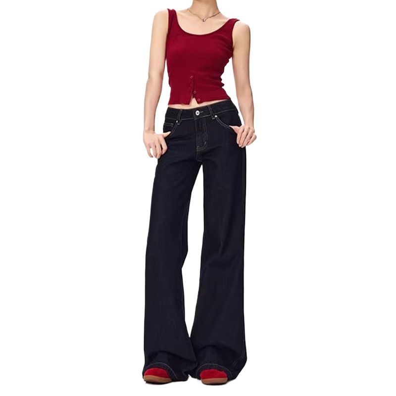 Autumn new low-rise retro micro-pull jeans women's dark blue loose and thin wide-leg floor-mopping horn trousers