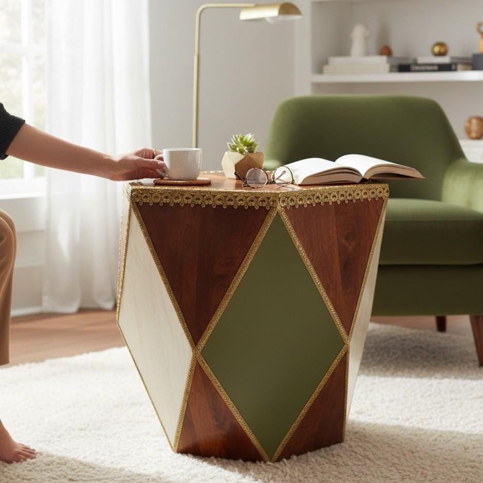 Wooden Coffee Table-India Central Home Decor Furniture-Hexagonal Side Table | Brass Inlay Accent Table | Geometric Boho End Table, Bedside