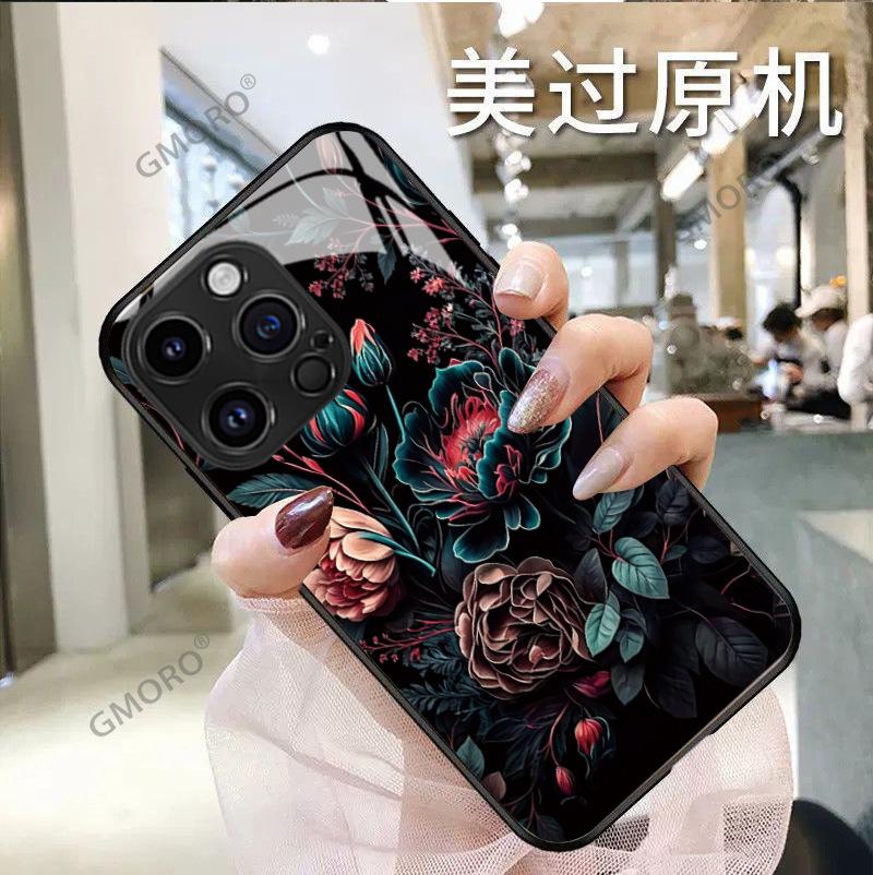 Vintage Oil Painting Wind Dark Rose iPhone16 Mobile Phone Case Apple 17 Glass Protective Case 14pm European and American Hot-selling