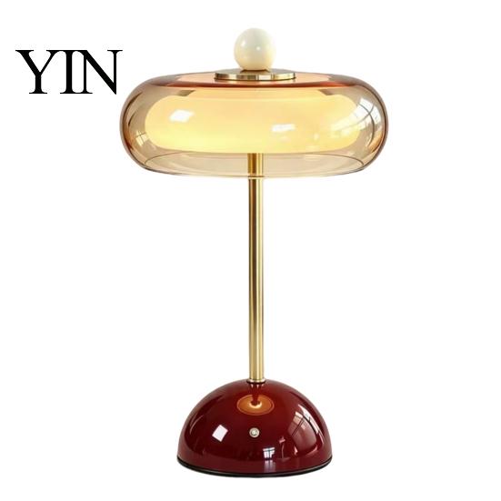 Adjustable Brightness Office Light Retro Glass Mushroom Table Lamp, USB Rechargeable Touch Control Bedside Modern Aesthetic Room Lamp 3 Colors