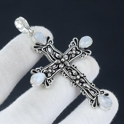 Rainbow Moonstone Gemstone Pendant Moonstone Gemstone Handmade 925 Sterling Silver Cross Pendant For Gifts Pendant For Her For Women Jewelry