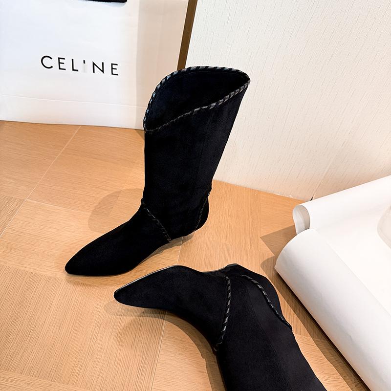 ~ Niche slope heel pointed flanged two wear pile boots short boots western cowboy boots women's 2025 medium boots