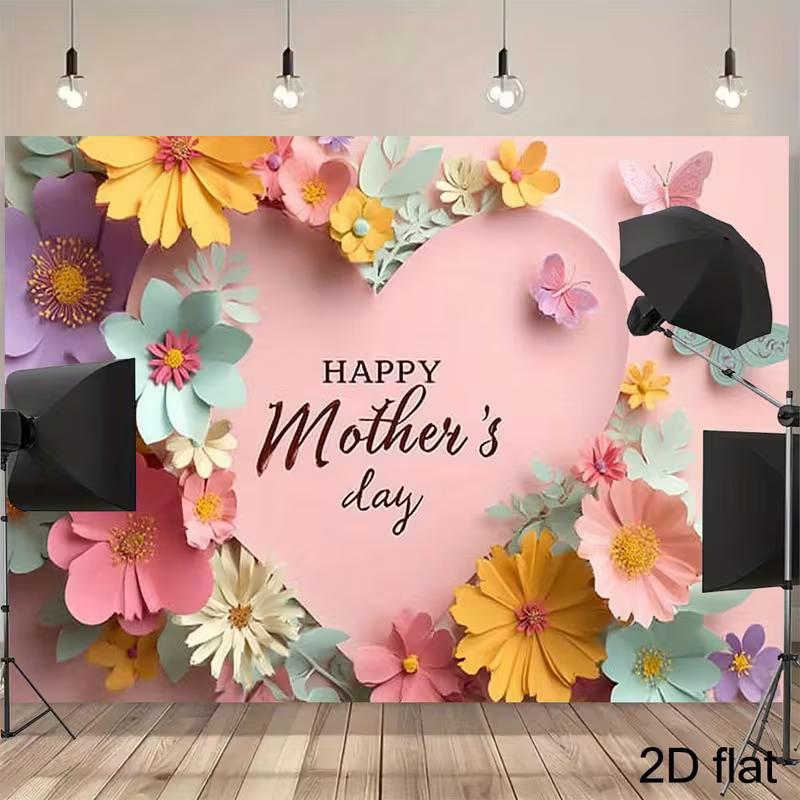 2D Colorful Flower Mother s Day Backdrop with Butterflies & Pink Heart 47.2x31.5inch/120*80cm