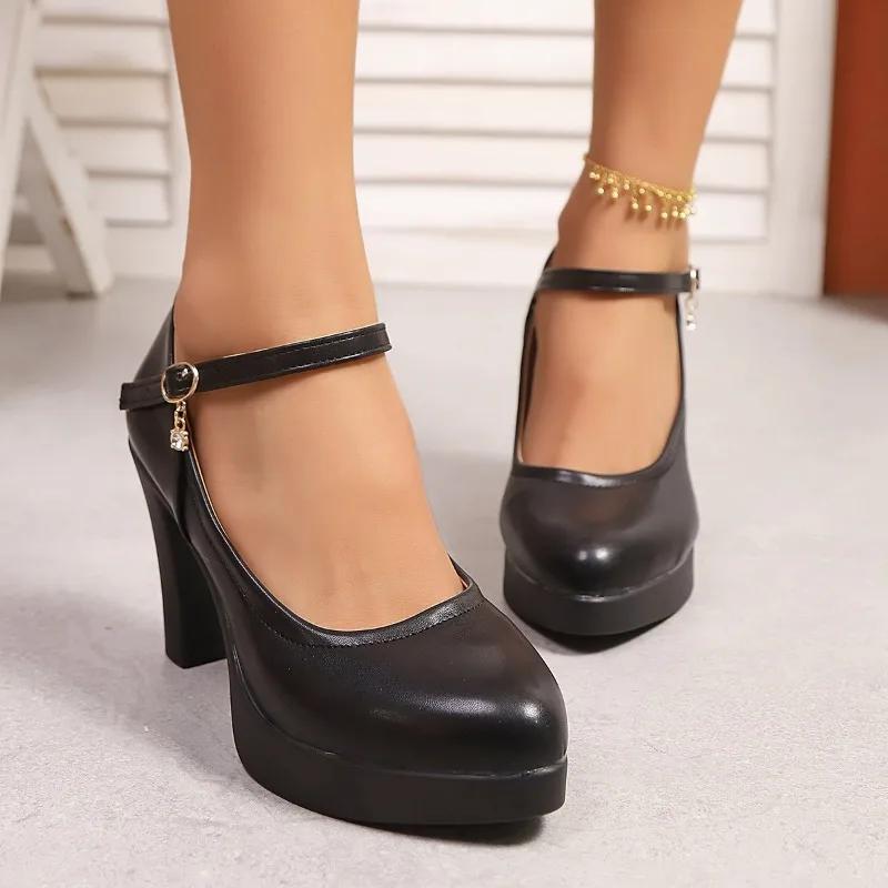 2025 New Mary Janes Women's High Heels Chunky Heel Plus Size Pointed Toe Classics Office & Career Pumps Women Buckle Strap Shoes