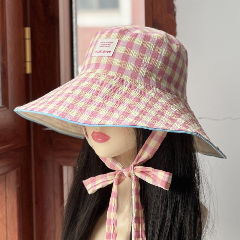 Casual bucket hat women can wear double-sided plaid versatile big eaves show face small sunshade sunscreen hat fashion basin hat