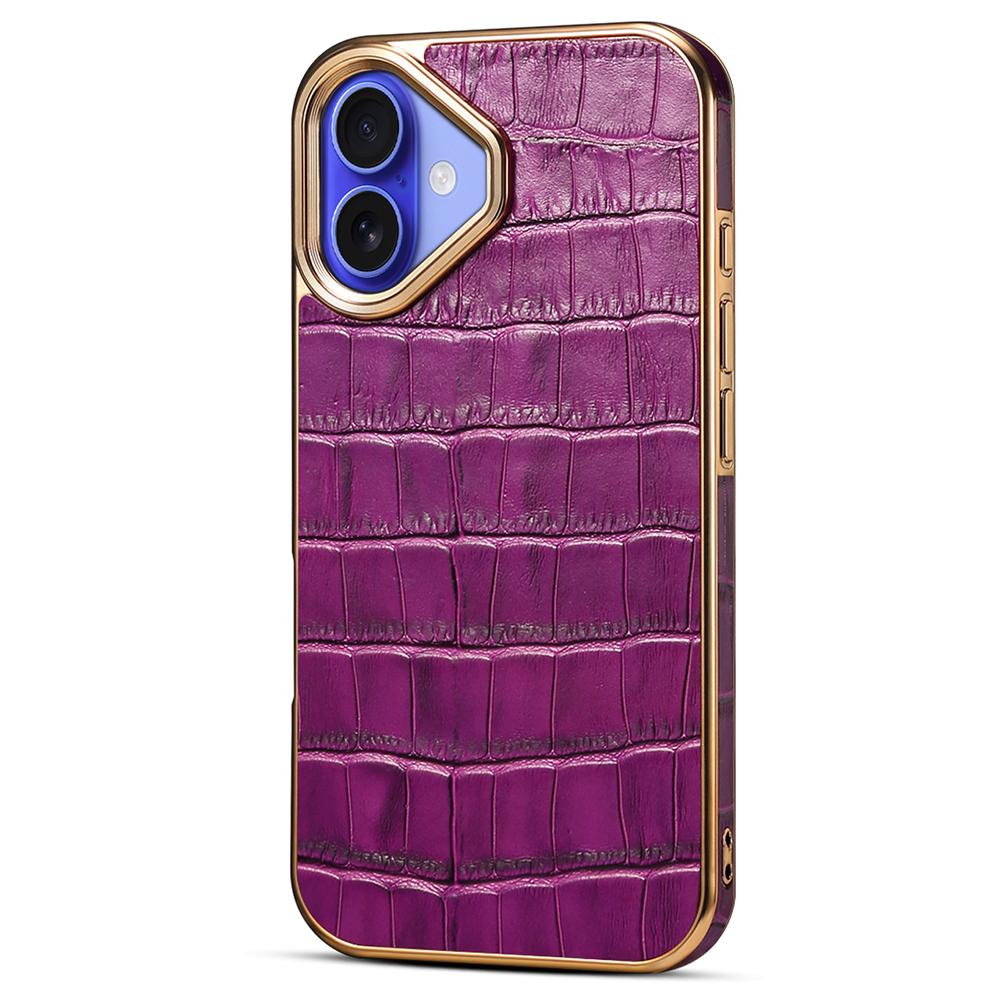 

For iPhone 16 Case Genuine Cow Leather Crocodile Texture Electroplating Phone Cover Purple
