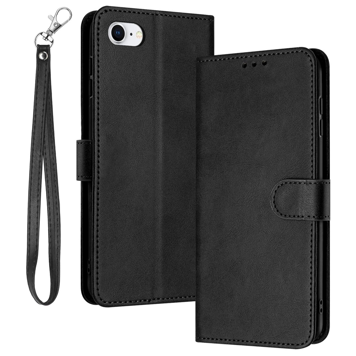 

Для iPhone 6/7/8/SE (2020)/СЕ (2022) Противоударные кожаные чехлы для телефона с текстурой теленка, чехол-подставка, кошелек Black