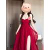 French Style Beautiful Red Halter Tube Top Dress Women's Summer Seaside Holiday Sexy Irregular Slit Long Skirt