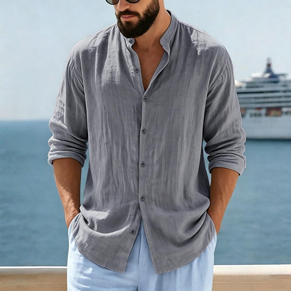 Herren Leinenmischung Mandarin-Kragen Hemd - Langarm Button-Up Lässig Lockerer Schnitt Strandurlaub Oberteil in Unifarben Beige