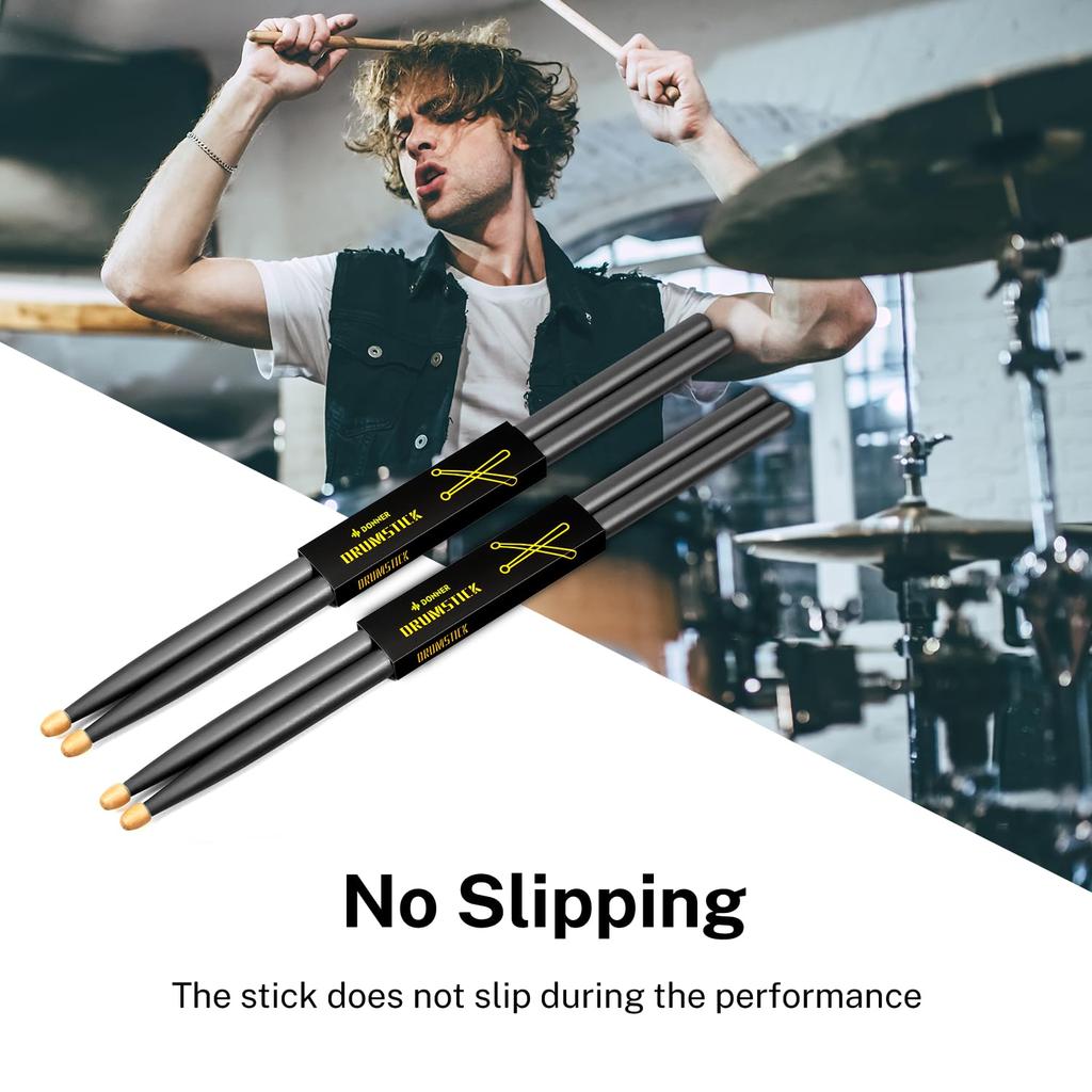 Donner Drumsticks, Set of 2, 5A Maple Wood, Practice Pad, Snare Drum, Percussion Sticks, with Storage Case, Black, Christmas, Birthday Gift