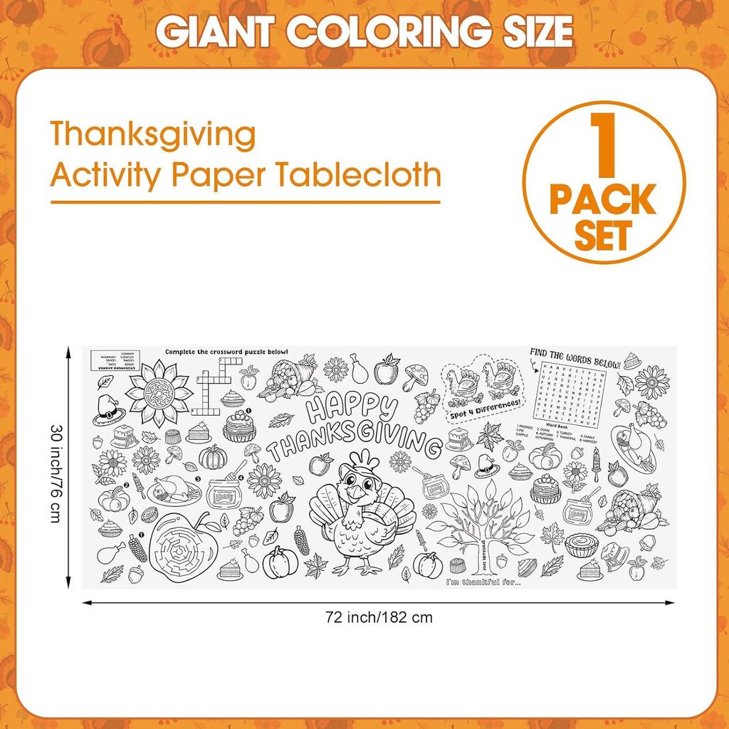 Happy Thanksgiving Coloring Poster-Thanksgiving Coloring Tablecloth for Kids - 72 x 30 Inches, Giant Thanksgivings Paper Table Cloth Cover Crafts