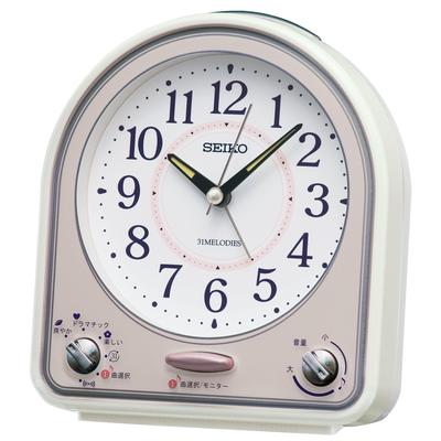 Uhr QM750P Wecker 31 Melodien Weiß Perlmutt mit Rosa 139 x 126 x 70mm Uhr, Analog, Lieder, Perlmutt,
