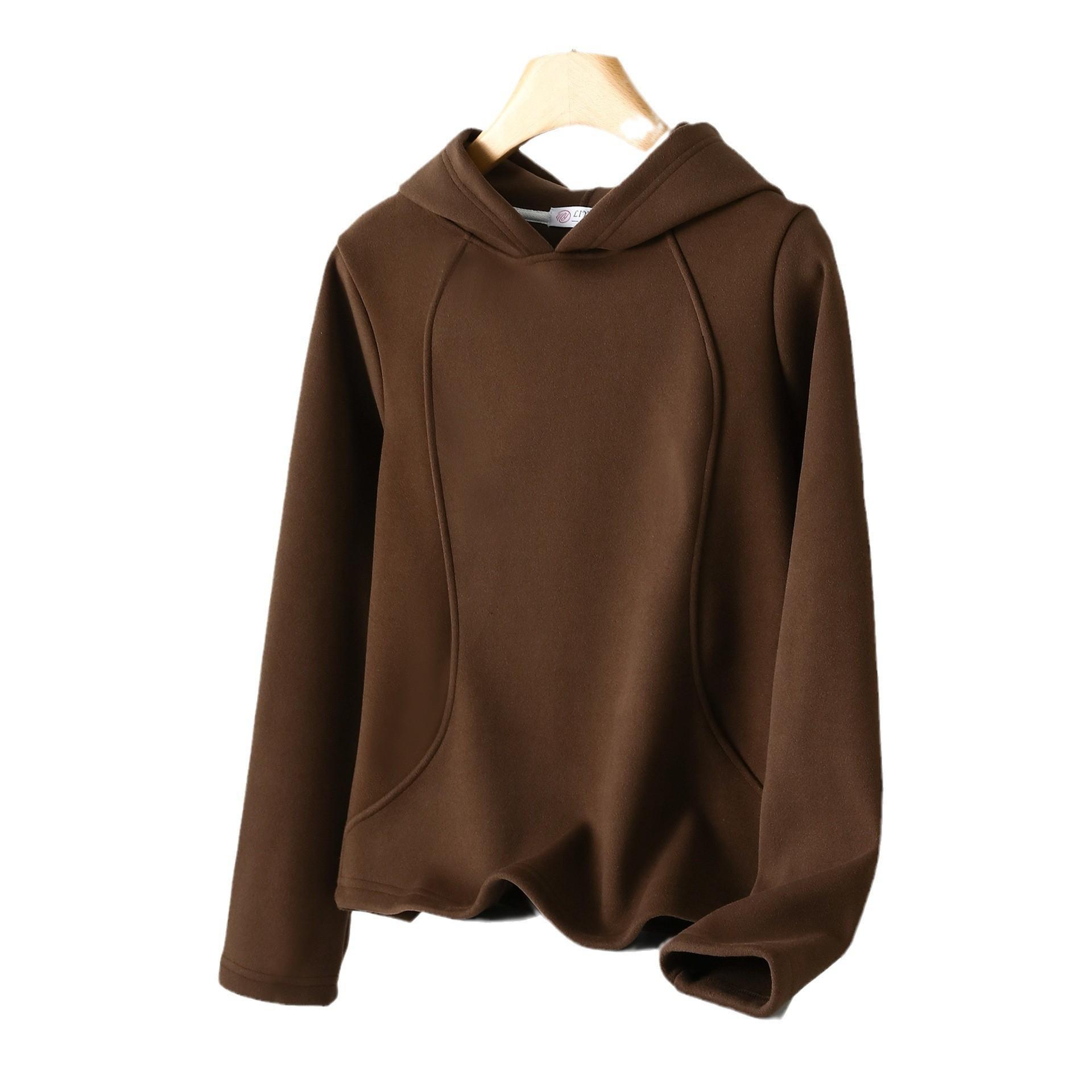 

Женская ветрозащитная толстовка с капюшоном, однотонный бархатный утолщенный пуловер на шнурке, топ XXL кофейный