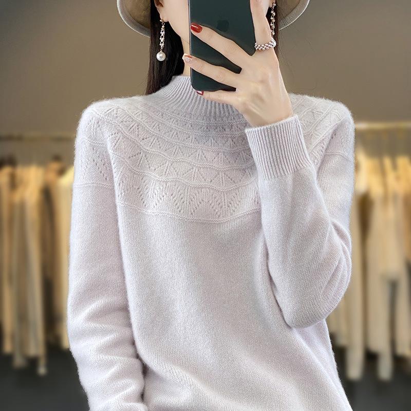 Seamless Knit Semi High Neck Women Long Sleeve Sweater Loose Fit Slimming Pullover Top