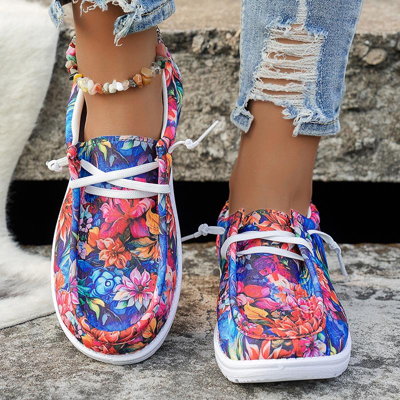 Fashion Fashion Floral Printed Casual Canvas Shoes for Women Lightweight Lace Up Ladies Flat Shoes Comfort Soft Sole Walking Shoes Woman