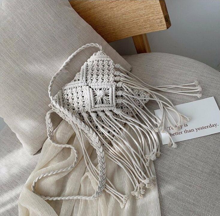 

Ethnic Style Handmade Cotton Woven Women s Bag with Straw and Woolen Tassel Crossbody Design білий