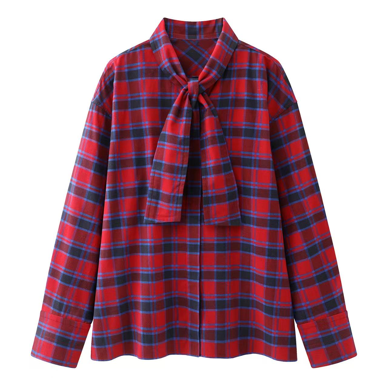 In Stock: 2026 Spring New Gao Yuanyuan Fashion Plaid Shirt with Flowy Collar and Tie Extra Small