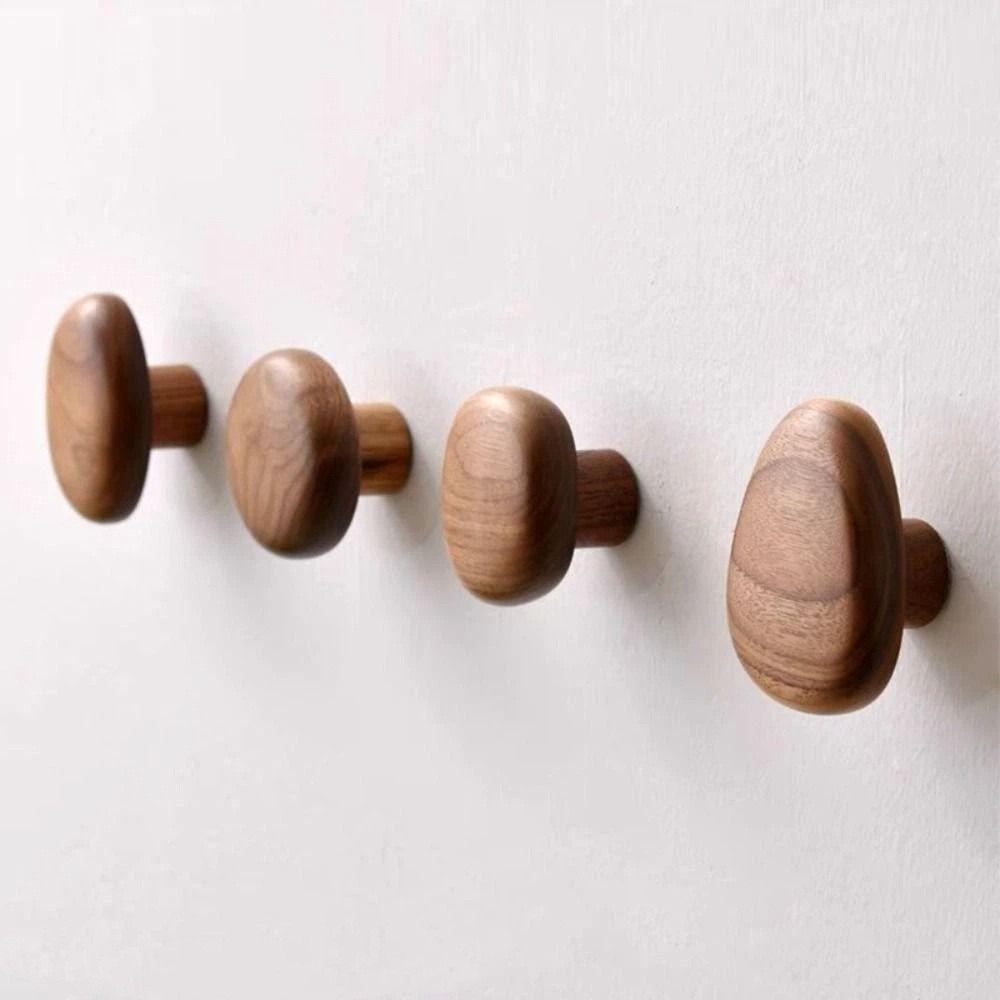 4pcs Beech Walnut Wood Wood Hook Punch Free Simple Design Wall Hook Solid Wood Wood Handle Hanging Hanger Home Decoration
