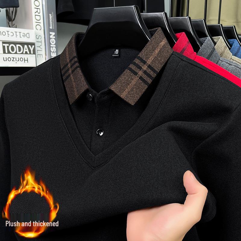 Men's Winter Knit Shirt with Velvet Thickened Layer and Collar