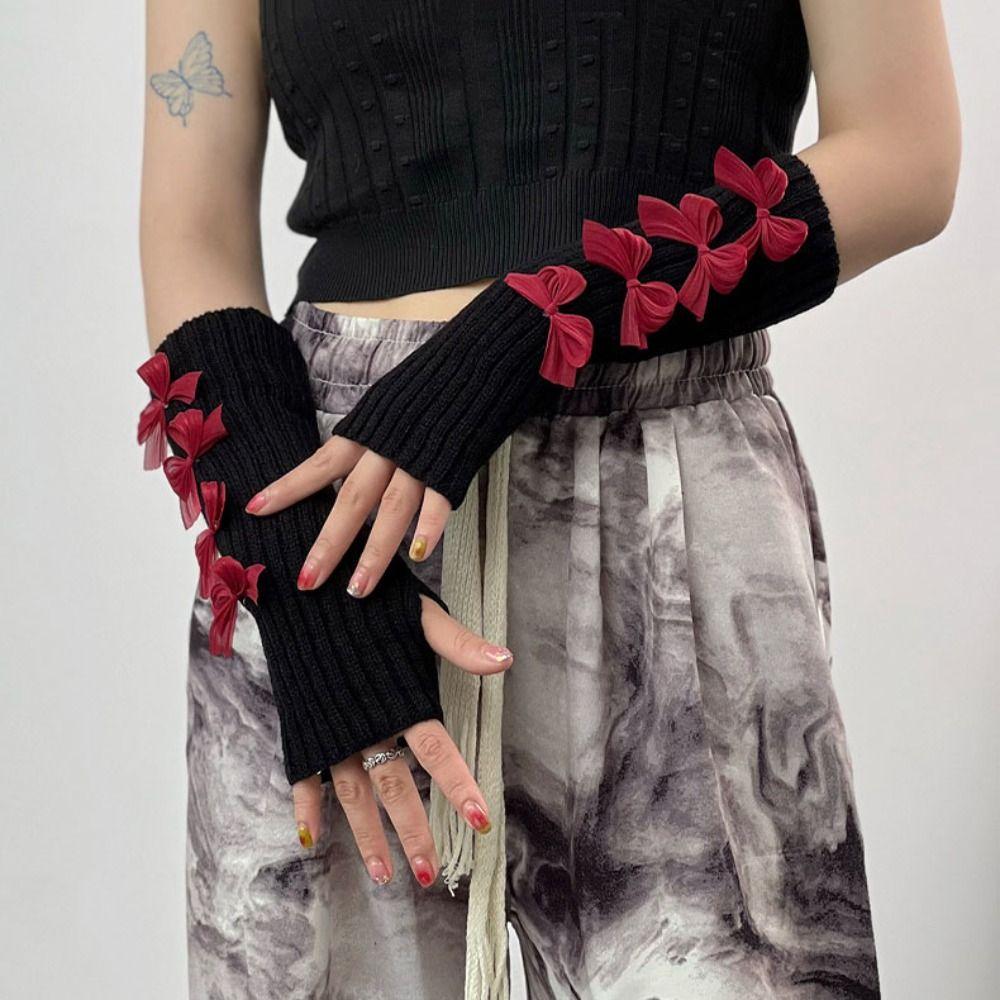 Solid Color Bow Knitted Gloves Y2k Wool Sleeve Cuff Elastic Fingerless Gloves  Ladies