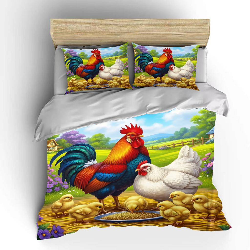Farm Rooster Hen and Chicks Print Soft Comfortable Duvet Cover Bedding Set Included 1*Duvet Cover 2*Pillowcases Luxury Gifts
