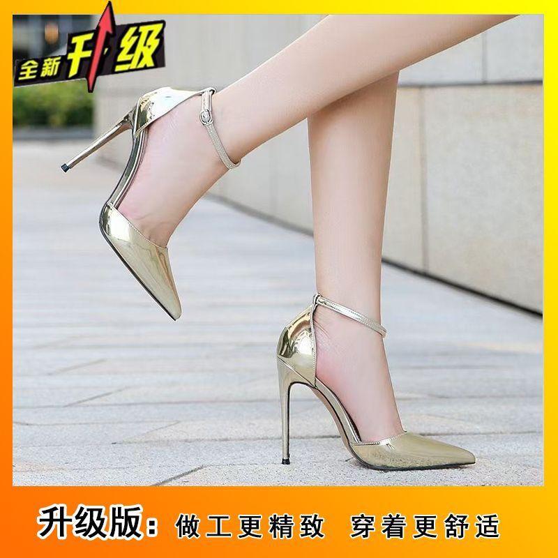 Fashion versatile temperament one-word buckle with high heels 2025 summer new pointed head shallow mouth thin heel hollow sandals women