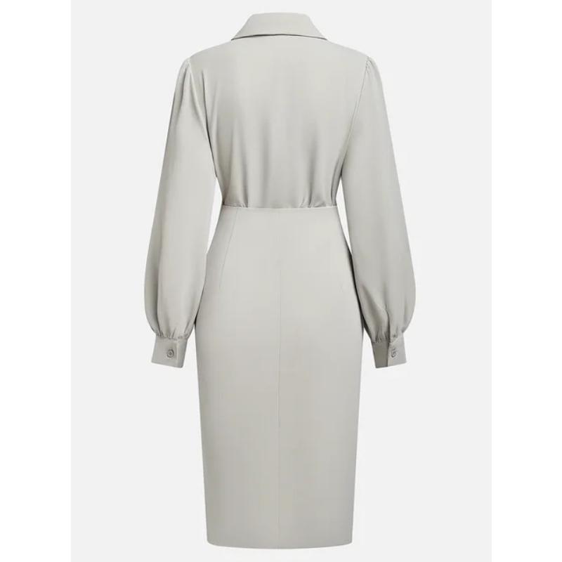 Women's V-Neck Ruffle Dress, Belted Waist Solid Color Midi Dress with Elegant Pleats, Office Casual Slim Fit Long Dress for Versatile Styling