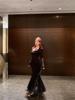Elegant Plus Size French Style Black Mesh Fishtail Dress with Inner Long Skirt