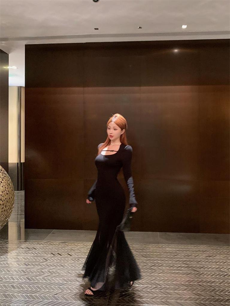 Elegant Plus Size French Style Black Mesh Fishtail Dress with Inner Long Skirt