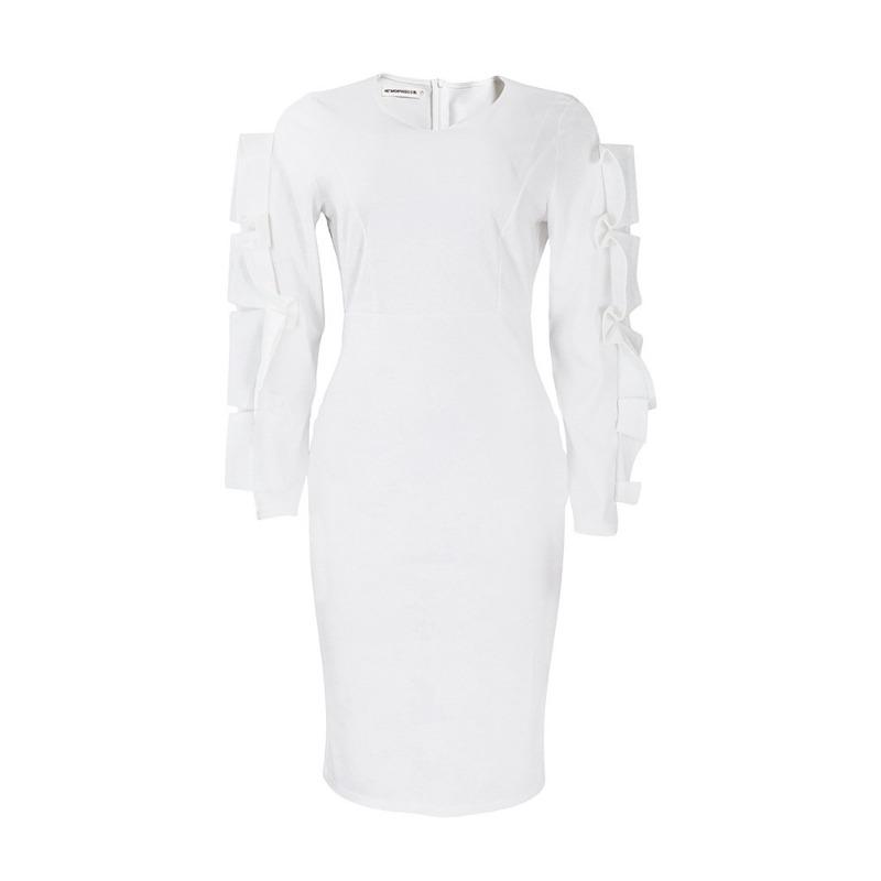 Plus Size Women Elegant Long Sleeve High Waist Solid Pencil Midi Dress