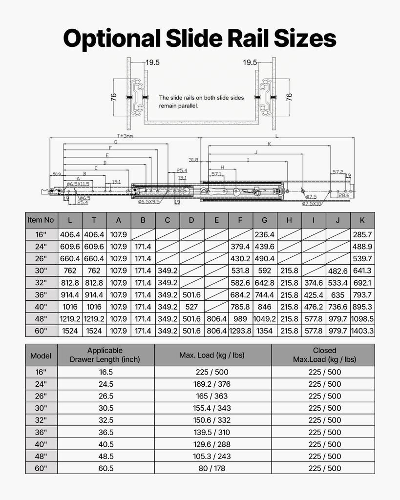 VEVOR Heavy Duty Drawer Slides, 40.6 cm 226.8 kg with Lock Side Mount Rails, for Cabinets, Kitchen, Workbench, RV