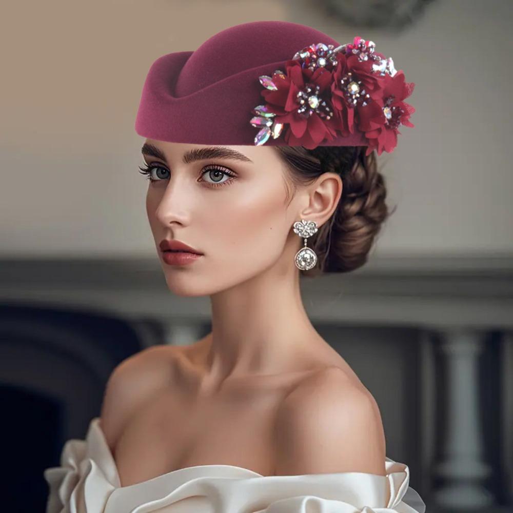 Cappello Turbante in Feltro con Fiore Moda Berretto Morbido Vintage Berretti Casual Cappellino da Tea Party per Donne