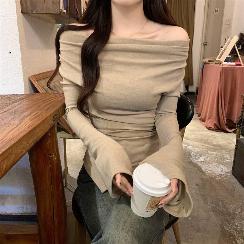 Irregular one-word shoulder solid color long-sleeved shirt women's season bottoming shirt slim-fit Spice Girl waist cotton top
