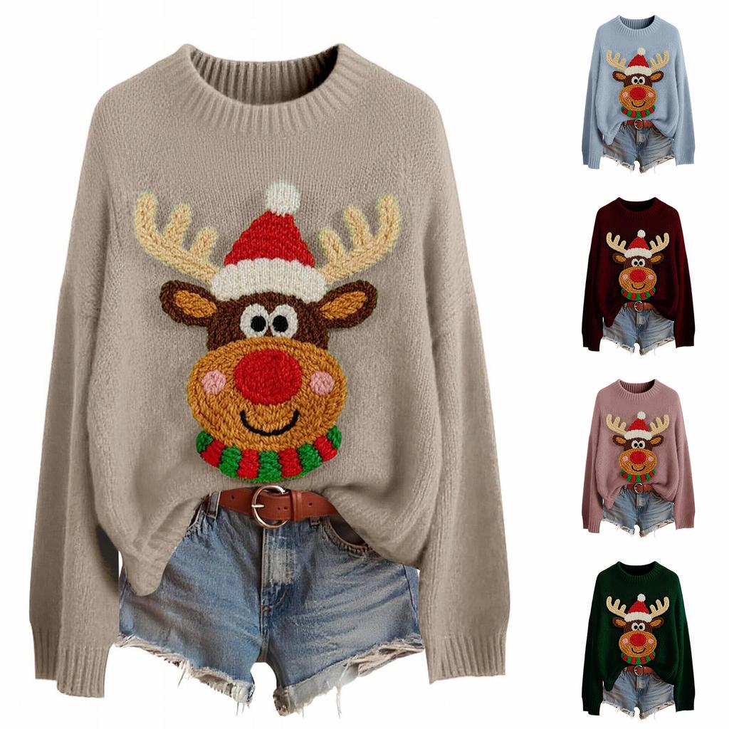 Women's Fashion Christmas Print Pullover Long-Sleeve  Neck Knit Sweater Top
