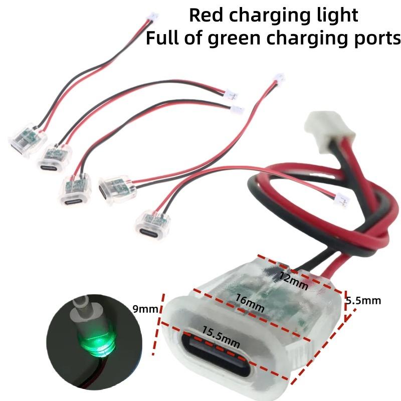 5/10Pcs Waterproof USB-C Power Port Female Connectors Transparent 2Pin USB Type-C With LED Lights Input Type Charging Socket