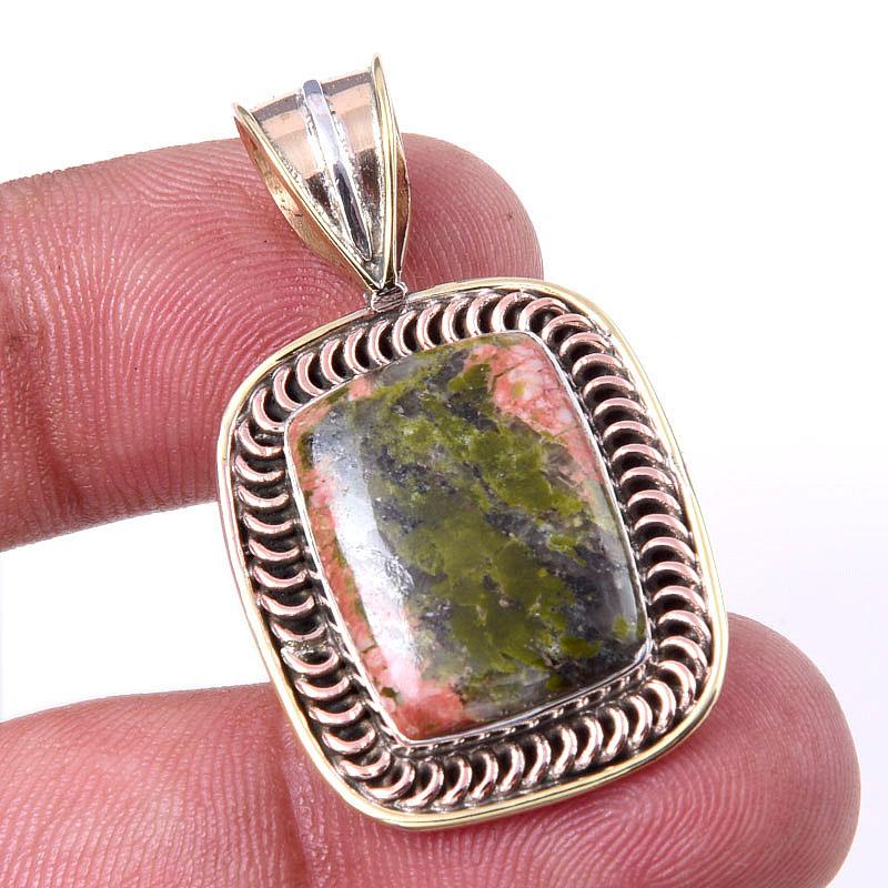 

Natural Unakite Gemstone 925 Solid Sterling Silver Two Tone Pendant 1.50 g3t20