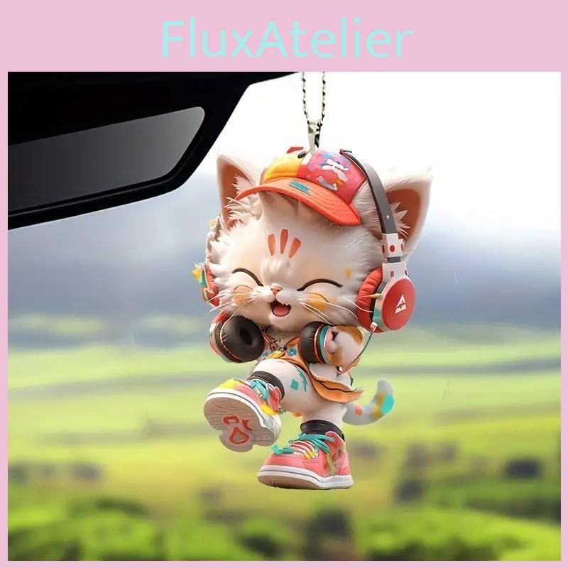 Cute Listening To Music Colorful Cat Pattern, Acrylic Pendant For Fun Vehicle Accessory