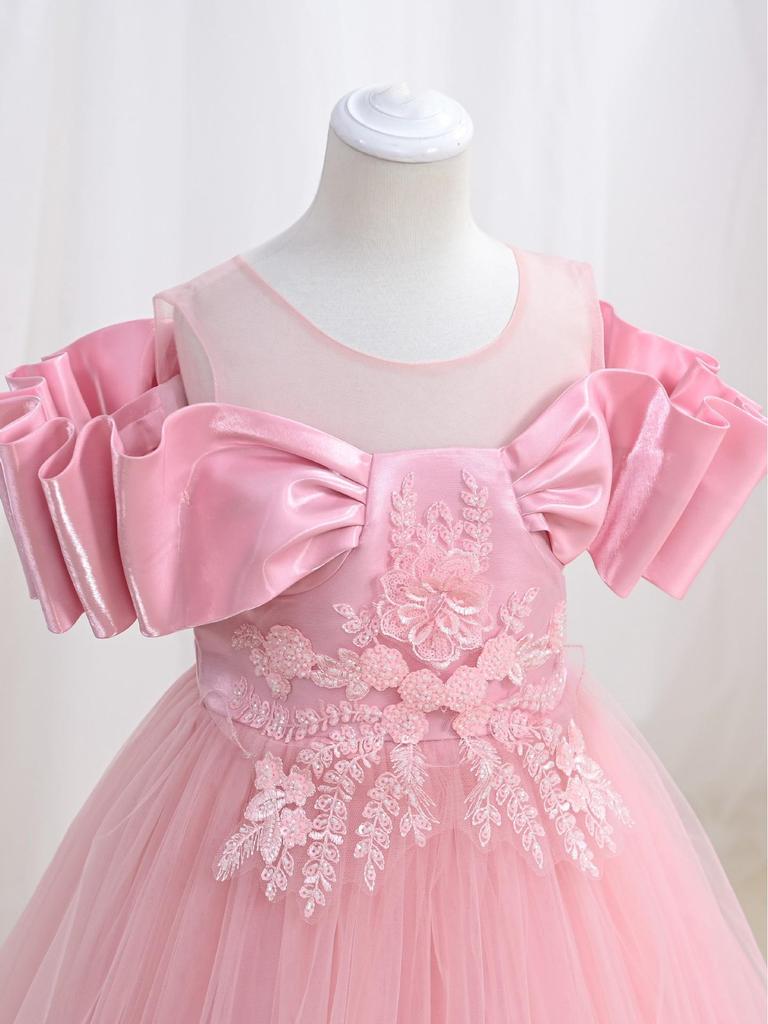 Europäisches & Amerikanisches Mädchen Mesh Puffrock Langes Prinzessinnenkleid - Formelle Blumenmädchen Abendgarderobe