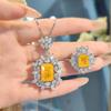 Temperament Yellow Diamond Imitation Ice Flower Cut Necklace Simple Princess Square Diamond Earrings Open Ring Color Treasure Set