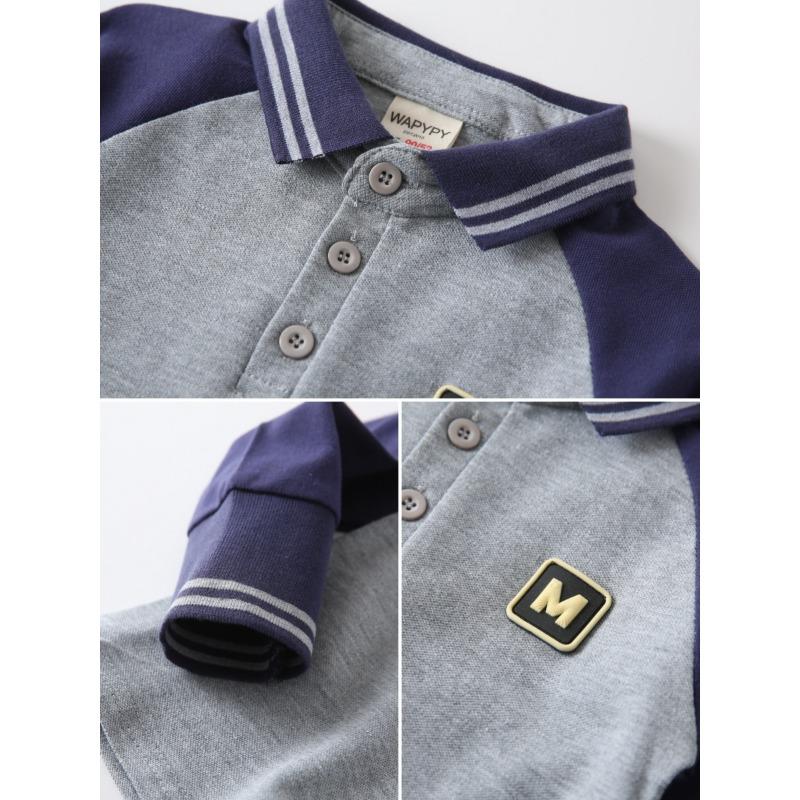Boys Kids Long Sleeve Turn Down Collar Patchwork Polo Shirt Casual Top