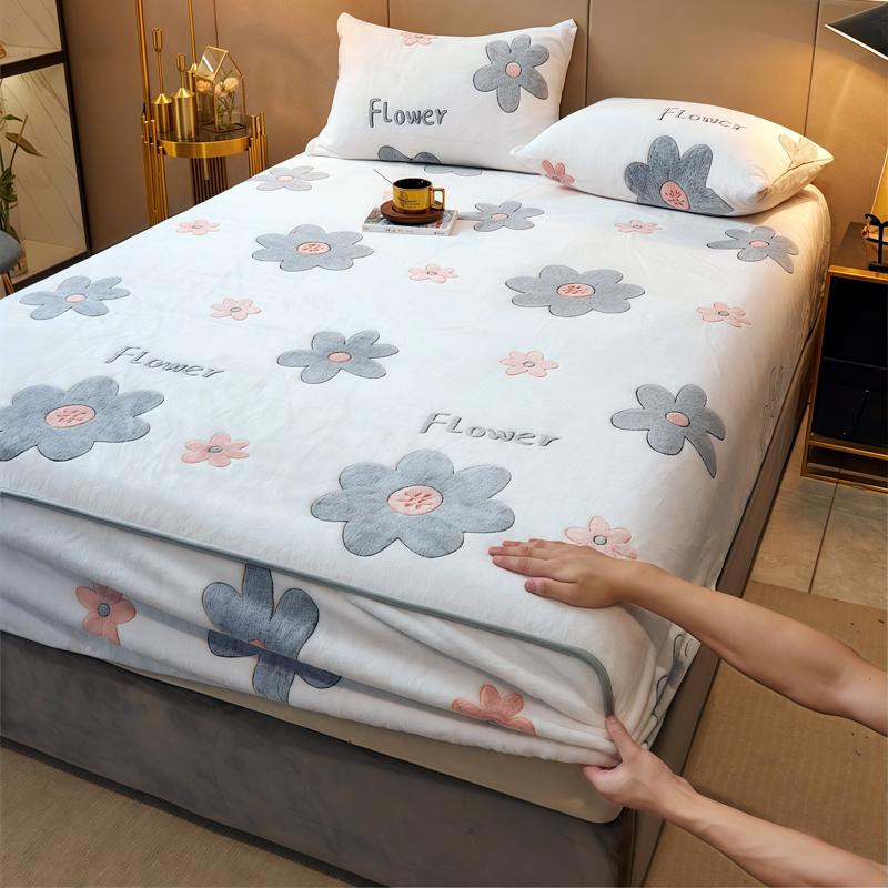 WOSTAR Luxury double bed fitted sheet elastic mattress protector cover couple winter warm fluffy coral fleece bedspread 150x200