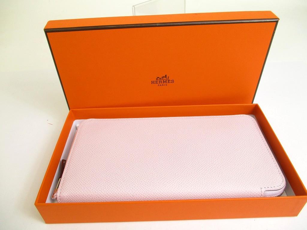 Authentic HERMES Lignt Pink Veau Epson SILK\'IN LINE Round Zip Wallet Azap Long #a817  Refurbished