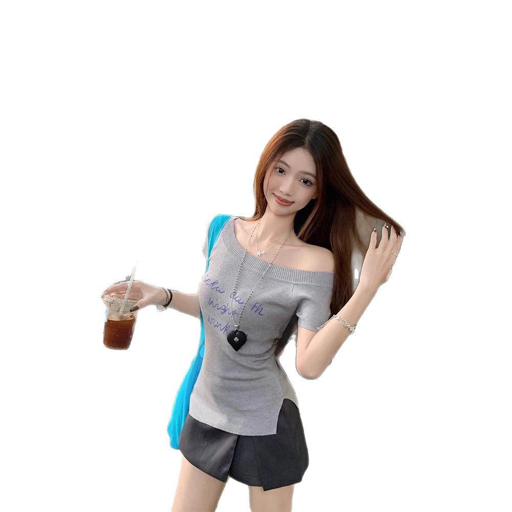 Modal Off-Shoulder Buchstabenprint Kurzarm Damen Schlankmachendes Sommeroberteil