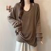 Women's Plus Size Khaki U-Neck Long-Sleeve Mid-Length Top - Fake Two-Piece, Casual Versatile Autumn/Winter Style